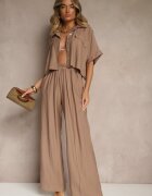  Set 2 Piese Maro din Viscoză Cămașă Croială Lejeră Pantaloni Largi Velvitela