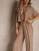  Set 2 Piese Maro din Viscoză Cămașă Croială Lejeră Pantaloni Largi Velvitela