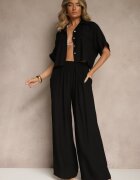  Set 2 Piese Negru din Viscoză Cămașă Croială Lejeră Pantaloni Largi Velvitela