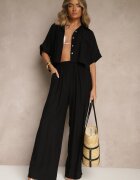  Set 2 Piese Negru din Viscoză Cămașă Croială Lejeră Pantaloni Largi Velvitela