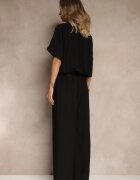  Set 2 Piese Negru din Viscoză Cămașă Croială Lejeră Pantaloni Largi Velvitela