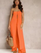  Set 2 piese Portocaliu Top lung și Pantaloni cu elastic în talie și cu picioare largi Bincina