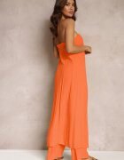  Set 2 piese Portocaliu Top lung și Pantaloni cu elastic în talie și cu picioare largi Bincina