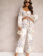  Set Alb 2 piese Bluză cu mânecă lungă Pantaloni largi cu elastic în talie cu flori Calaq