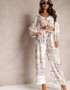  Set Alb 2 piese Bluză cu mânecă lungă Pantaloni largi cu elastic în talie cu flori Calaq