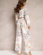  Set Alb 2 piese Bluză cu mânecă lungă Pantaloni largi cu elastic în talie cu flori Calaq