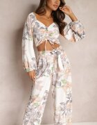  Set Alb 2 piese Bluză cu mânecă lungă Pantaloni largi cu elastic în talie cu flori Calaq