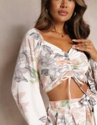  Set Alb 2 piese Bluză cu mânecă lungă Pantaloni largi cu elastic în talie cu flori Calaq