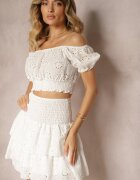  Set Alb 2 piese din Bumbac Ajurat Top în Stil Spaniol Fustă cu Elastic Dolflea