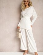  Set Alb Bluză și Pantaloni cu Picioare Drepte și Elastic Daeirassa
