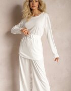  Set Alb Bluză și Pantaloni cu Picioare Drepte și Elastic Daeirassa