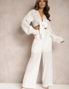  Set Alb Cămașă Legată cu Mânecă Largă și Pantaloni Larghi Aphina