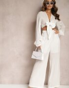  Set Alb Cămașă Legată cu Mânecă Largă și Pantaloni Larghi Aphina