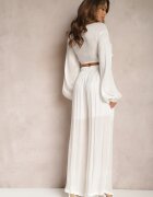  Set Alb Cămașă Legată cu Mânecă Largă și Pantaloni Larghi Aphina