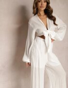  Set Alb Cămașă Legată cu Mânecă Largă și Pantaloni Larghi Aphina