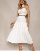  Set Alb cu Choker cu Trandafir Top cu Bretele Fustă cu Volane și Elastic în Talie Hlinna