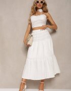  Set Alb cu Choker cu Trandafir Top cu Bretele Fustă cu Volane și Elastic în Talie Hlinna
