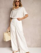  Set Alb cu Flori Brodate Tricou Larg și Pantaloni Drepti Namselin