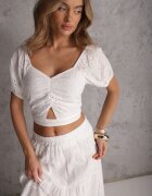  Set Alb Decorat cu Broderie Top cu Decolteu și Fustă Cloș Dololia