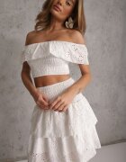  Set alb din bumbac din 2 piese Top ajurat tip spaniolă Fustă cu elastic în talie Mavima
