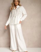  Set Alb din Vâscoză Pantaloni Largi și Cămașă cu Broderie Etnică Nolabina