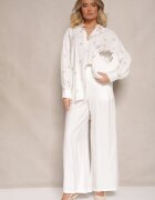  Set Alb din Viscoză Cămașă Decorată cu Broderie și Pantaloni Largi Hanarella