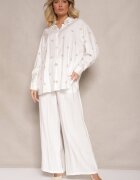  Set Alb din Viscoză Cămașă Decorată cu Broderie și Pantaloni Largi Hanarella