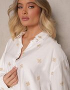  Set Alb din Viscoză Cămașă Decorată cu Broderie și Pantaloni Largi Hanarella