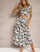  Set Alb-Negru Viscoză cu Imprimeu Floral cu Bluză și Fustă Cloș Pienara