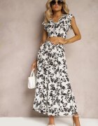  Set Alb-Negru Viscoză cu Imprimeu Floral cu Bluză și Fustă Cloș Pienara