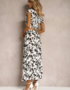  Set Alb-Negru Viscoză cu Imprimeu Floral cu Bluză și Fustă Cloș Pienara