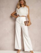  Set Alb Pantaloni de costum Top cu Aplicație 3D pe Bretele Reglabile