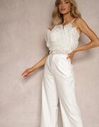  Set Alb Pantaloni de costum Top cu Aplicație 3D pe Bretele Reglabile