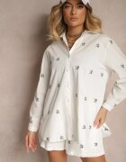  Set Alb Pantaloni scurți și Cămașă din Viscoză și Bumbac cu Flori Mici Brodate Olirwena