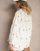  Set Alb Pantaloni scurți și Cămașă din Viscoză și Bumbac cu Flori Mici Brodate Olirwena