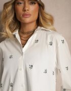  Set Alb Pantaloni scurți și Cămașă din Viscoză și Bumbac cu Flori Mici Brodate Olirwena
