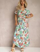  Set Alb-Roșu din Viscoză cu Imprimeu Floral Fustă și Bluză cu Decolteu Petrecut Ollecurne