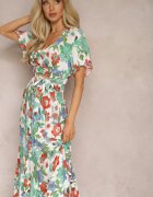  Set Alb-Roșu din Viscoză cu Imprimeu Floral Fustă și Bluză cu Decolteu Petrecut Ollecurne