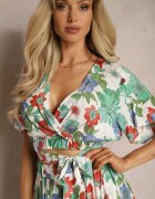  Set Alb-Roșu din Viscoză cu Imprimeu Floral Fustă și Bluză cu Decolteu Petrecut Ollecurne