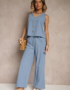  Set Albastru din Bumbac Bluză cu Nasturi Pantaloni Largi cu Elastic în Talie Floricella