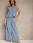  Set Albastru din Bumbac Bluză cu Nasturi Pantaloni Largi cu Elastic în Talie Floricella