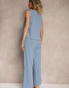  Set Albastru din Bumbac Bluză cu Nasturi Pantaloni Largi cu Elastic în Talie Floricella