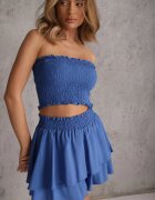  Set Albastru din Bumbac Elastic Top fără Mâneci Pantaloni scurți cu Volane și Elastic în Talie Tessabel