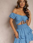  Set Albastru din Bumbac Fustă cu Elastic în Talie și Volane Bluză Tip Carmen Testalani