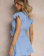  Set Albastru Top scurt cu talie încrețită Pantaloni scurți cu volănaș și elastic în talie Nestasie