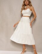  Set bej cu choker cu trandafir Top cu bretele Fustă cu volane și elastic în talie Hlinna