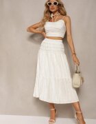 Set bej cu choker cu trandafir Top cu bretele Fustă cu volane și elastic în talie Hlinna