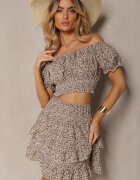  Set Bej cu Flori 2 Piese Top Stil Carmen și Fustă cu Volan Crispa