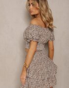  Set Bej cu Flori 2 Piese Top Stil Carmen și Fustă cu Volan Crispa