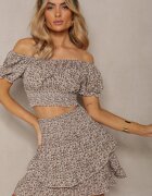  Set Bej cu Flori 2 Piese Top Stil Carmen și Fustă cu Volan Crispa